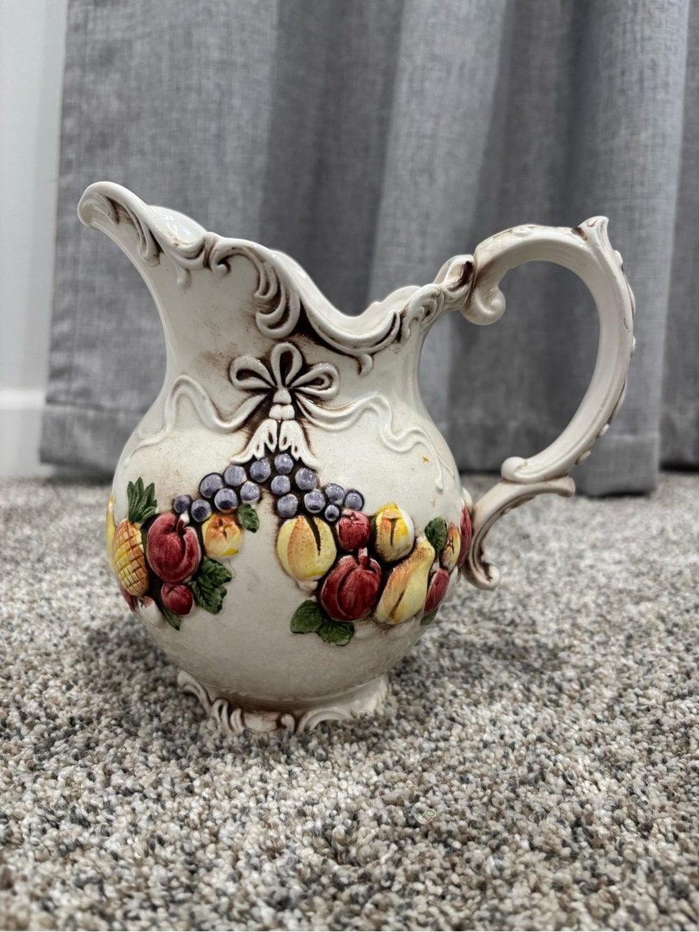 Vintage Harvest Relpo Japan #5775 Ceramic Pitcher W/3D Colorful Fruit